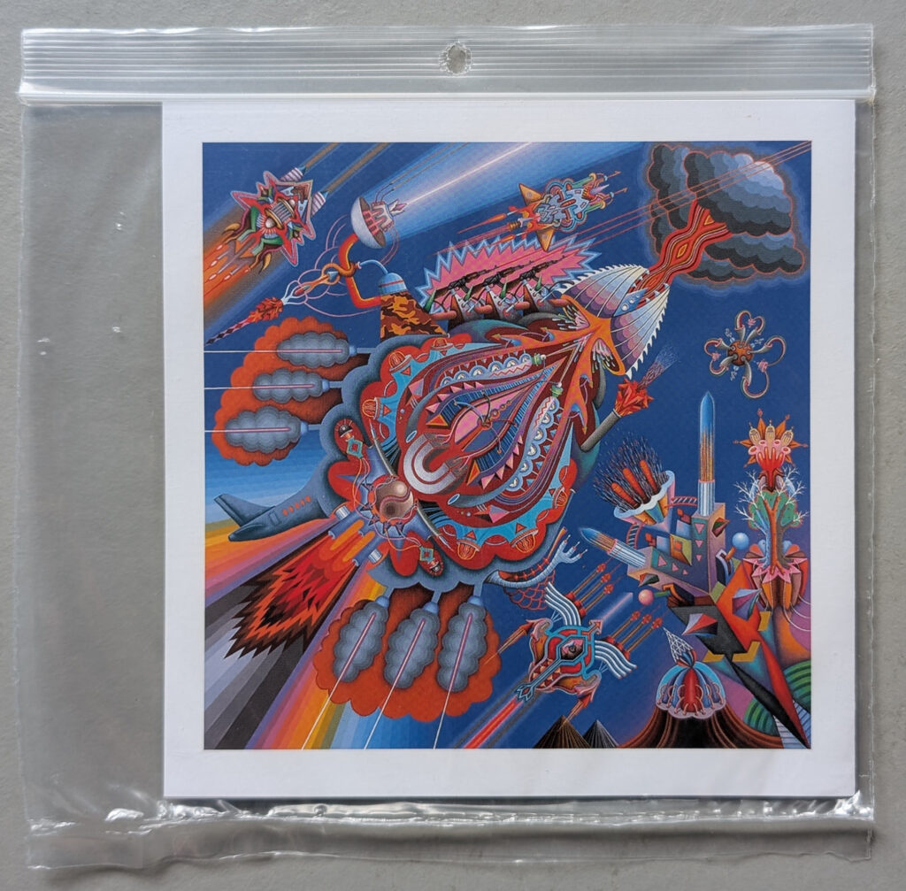 A vibrant and colorful artistic print featuring abstract shapes and surreal imagery, showcasing a dynamic composition with elements that include rockets, clouds, and intricate patterns, presented in a plastic sleeve.