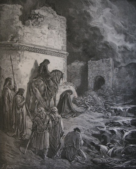 An illustration by Gustave Doré depicting a group of figures in dark clothing gathered near a ruined structure, with dramatic lighting and a tumultuous sky in the background.