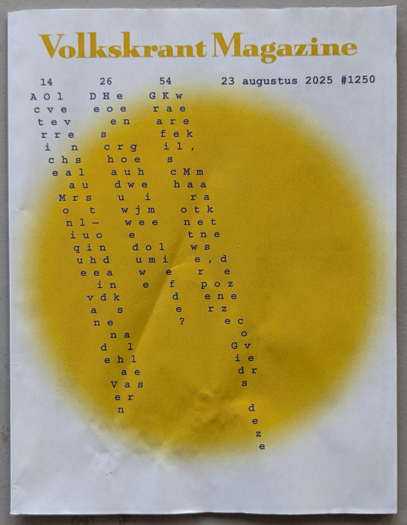 Cover of Volkskrant Magazine featuring yellow gradient background and unconventional text layout.
