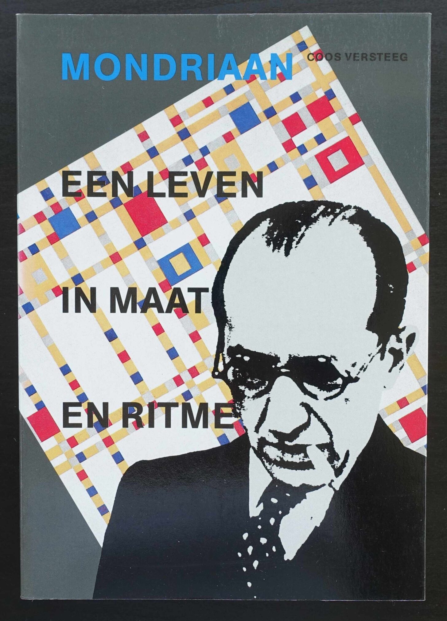 Book cover featuring a stylized portrait of Piet Mondriaan with bold text in Dutch reading 'Mondriaan: Een leven in maat en ritme'. The background is a pattern of multicolored squares and rectangles.