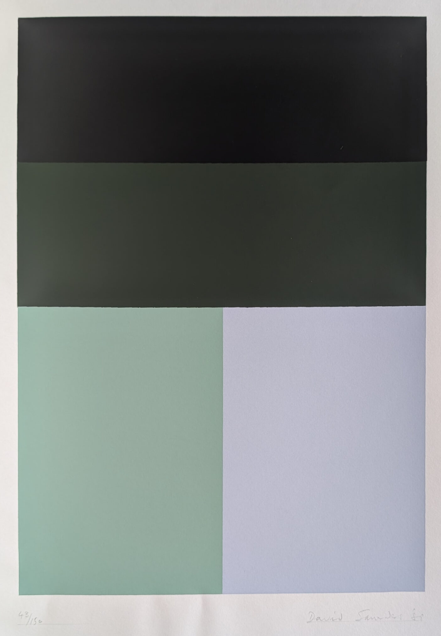 A silkscreen print by David Saunders featuring abstract geometric shapes in four distinct color blocks: black, dark green, light green, and light purple.