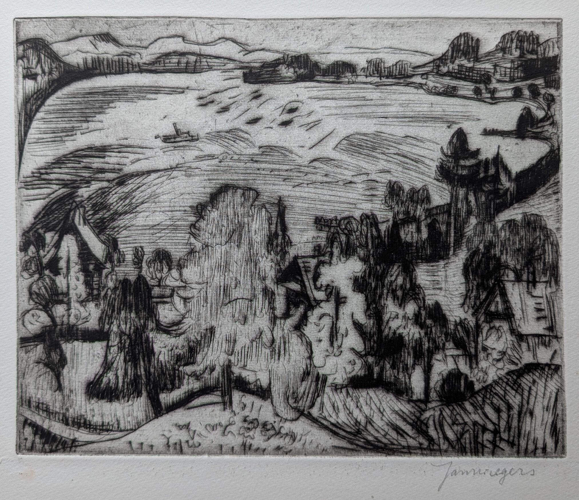 An etching by Jan Wiegers depicting a landscape with hills, trees, and a river, featuring a small boat in the water.