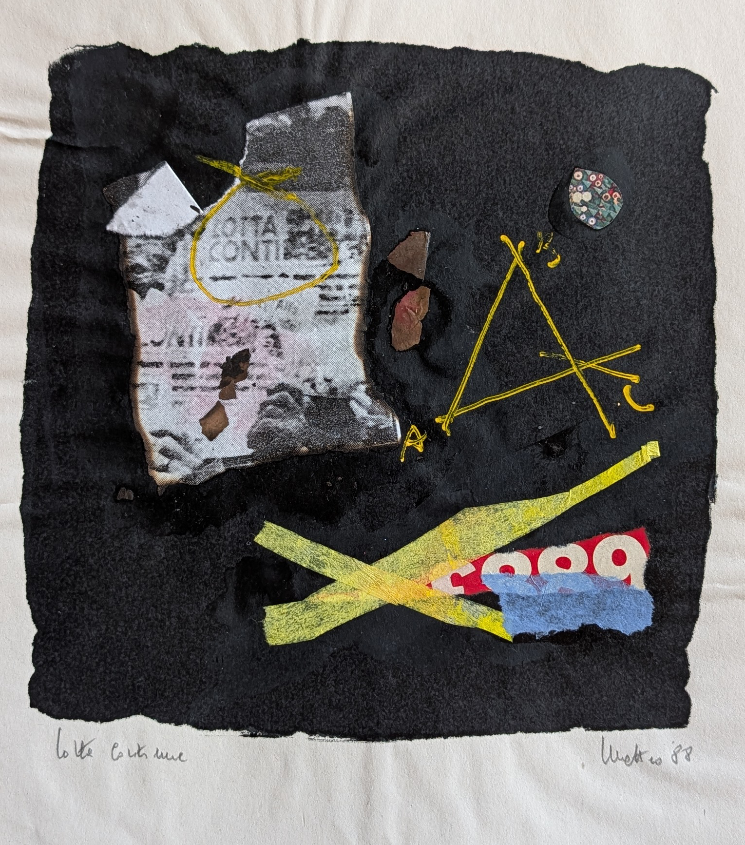 A collage artwork featuring a variety of materials, including torn paper, colored strips, and abstract shapes, set against a black background. The composition includes elements resembling newspaper fragments and colorful accents.