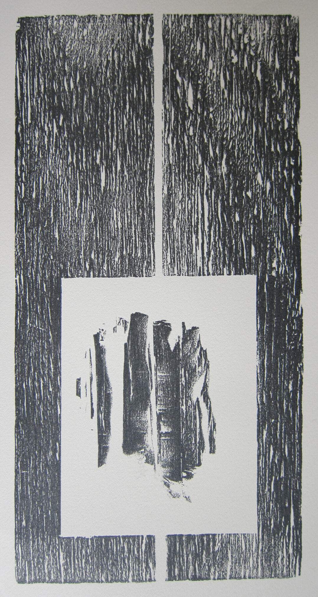 A relief print featuring textured vertical lines surrounding a central image of abstract forms resembling posts or trees, rendered in black ink on white paper.