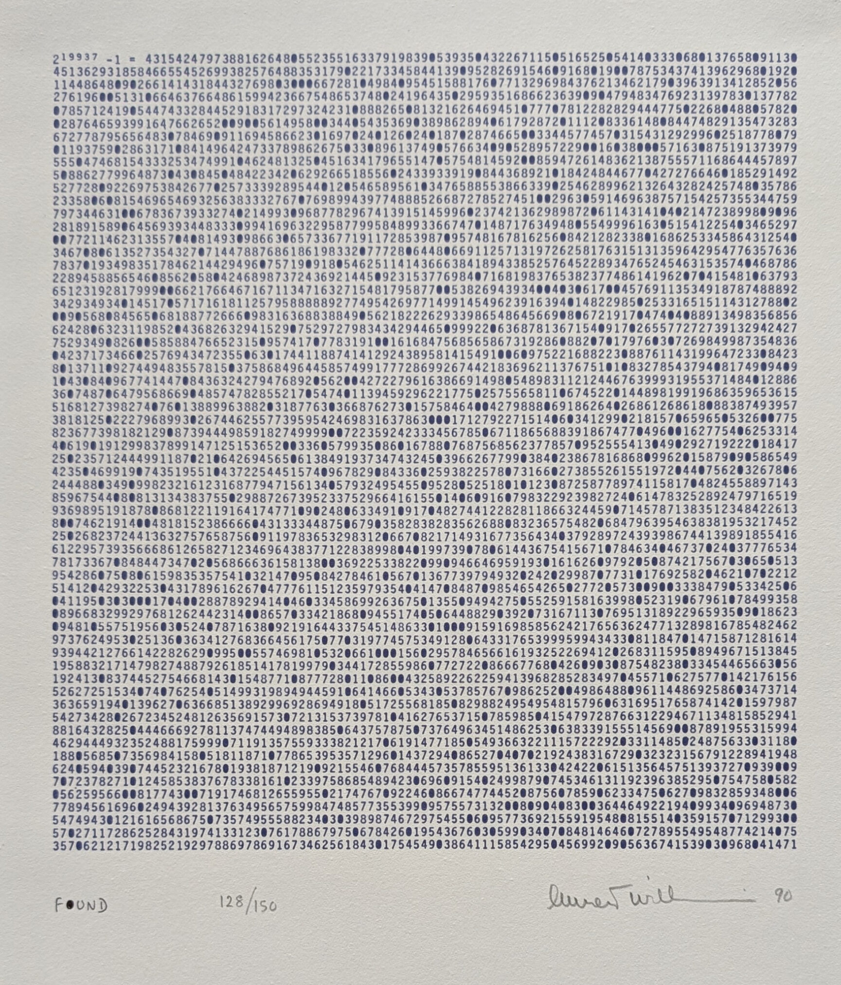 A structured grid artwork featuring a dense arrangement of numbers, with some numbers highlighted, signed by the artist.