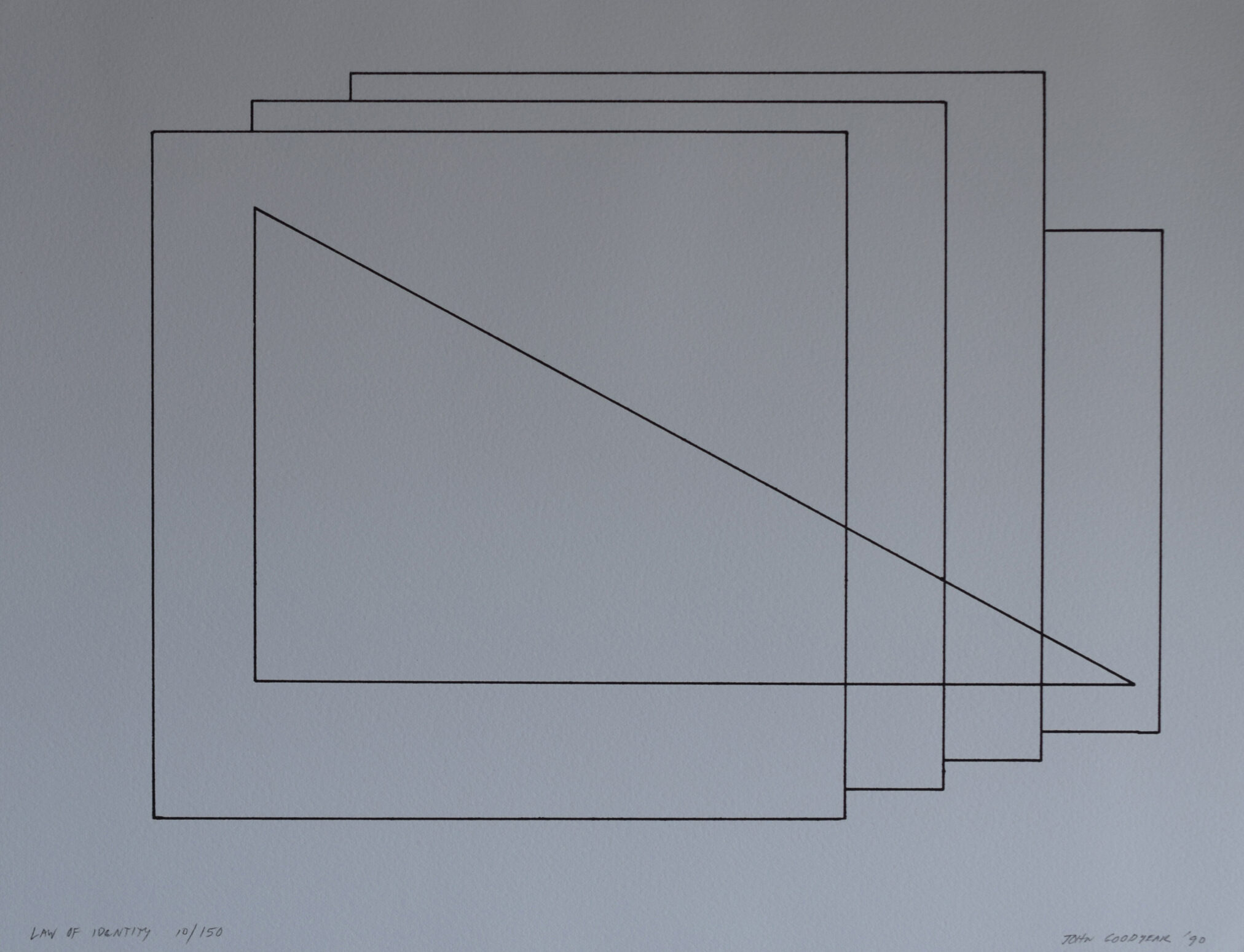 A geometric art piece by John Goodyear featuring overlapping rectangular shapes with sharp lines and a triangular element, titled 'Law of Identity'.
