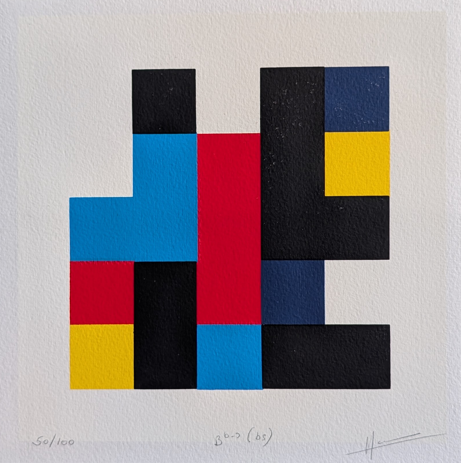 A colorful abstract composition featuring geometric shapes in blue, red, yellow, black, and navy on a white background. The artwork is signed and numbered 50/100.