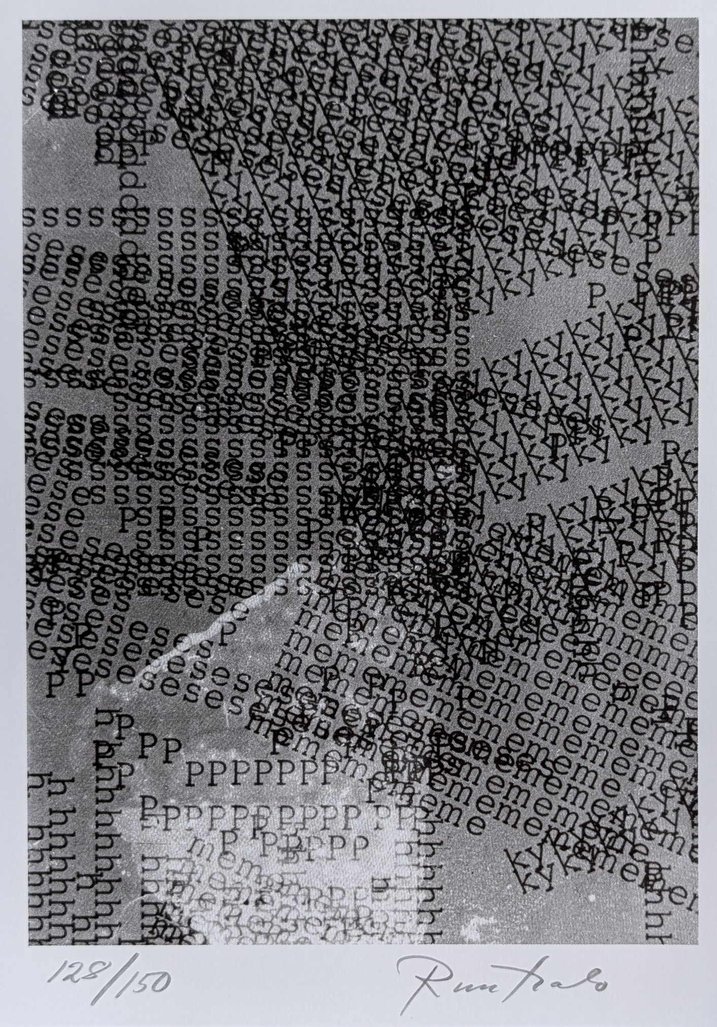 A black and white artwork featuring abstract text patterns and shapes, with overlapping letters creating a dynamic visual composition.