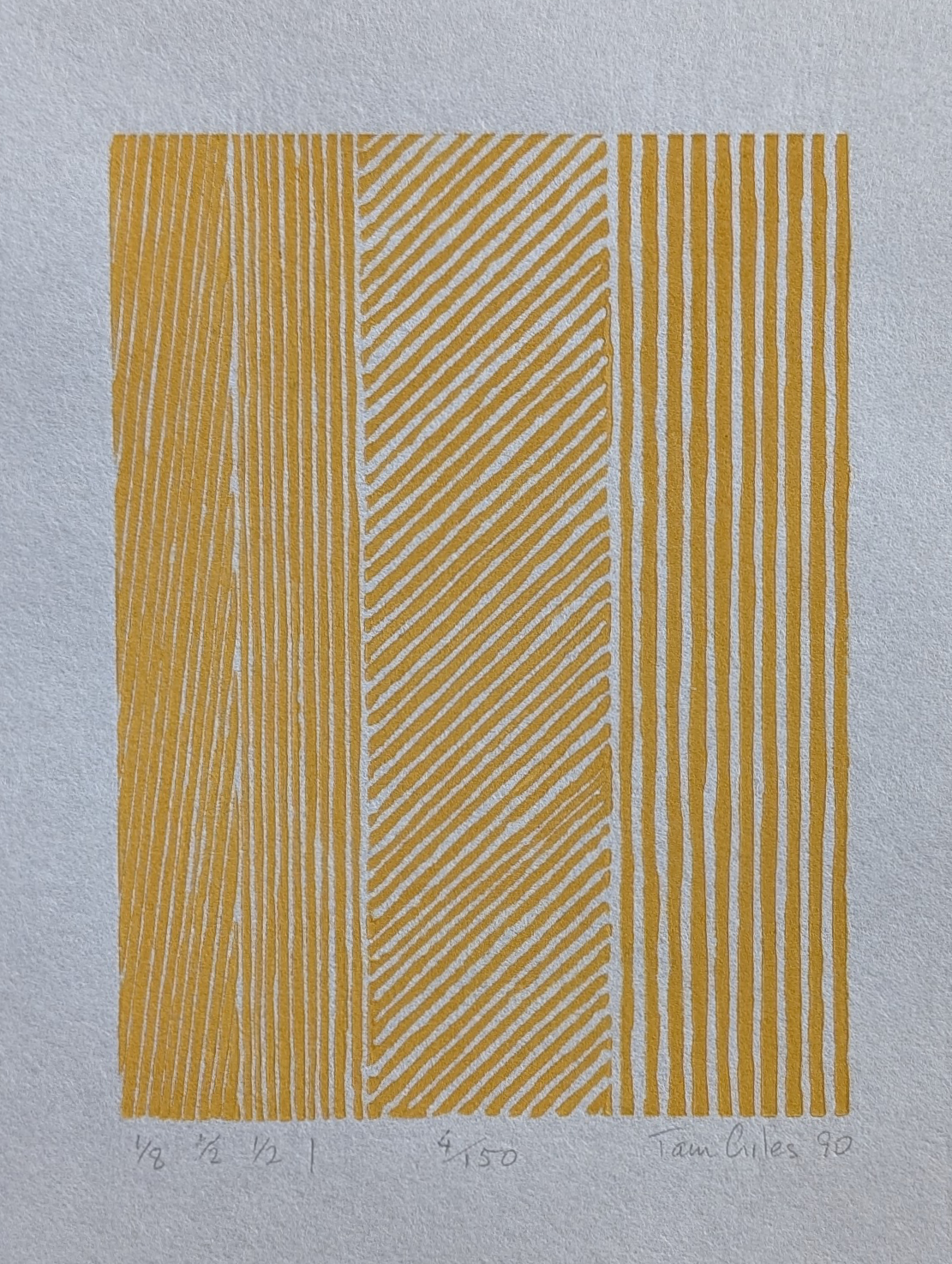 A relief print by Tam Giles featuring vertical stripes in yellow and white on textured paper, with inscriptions indicating the edition and price.