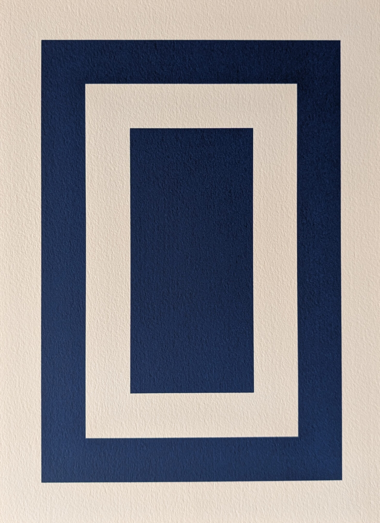 An abstract artwork featuring concentric rectangles in dark blue and white on a textured background.