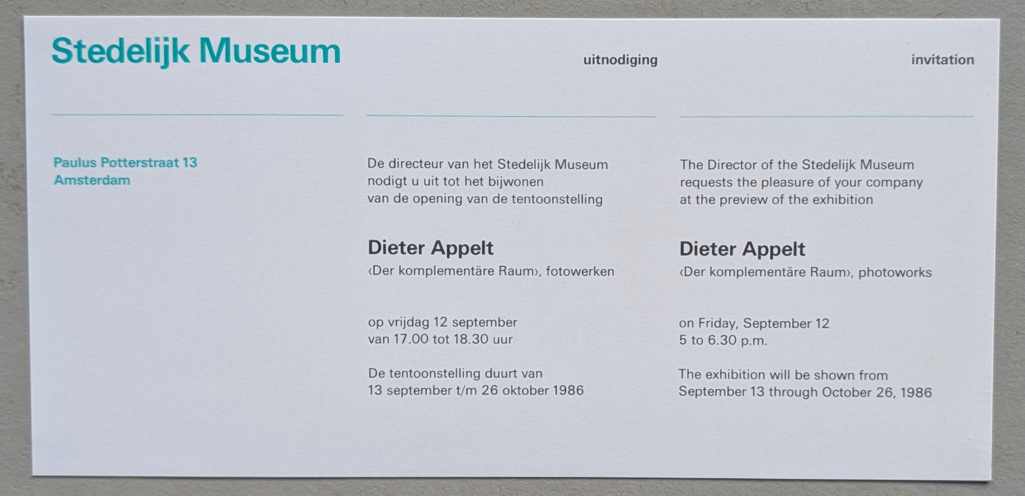 Invitation card for the Dieter Appelt exhibition at the Stedelijk Museum in Amsterdam, featuring details of the event in both Dutch and English.
