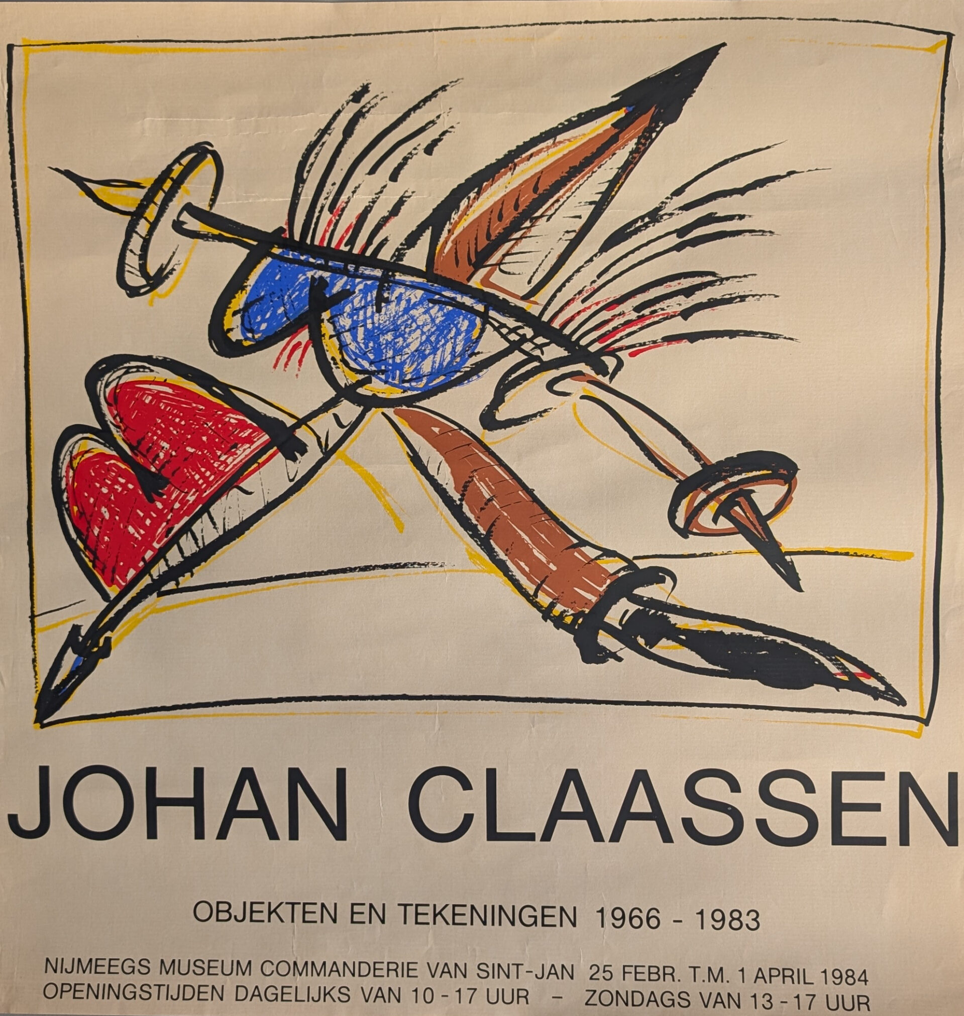 Poster for Johan Claassen's exhibition titled 'Objekten en tekeningen 1966 - 1983', featuring abstract artwork with vibrant colors and dynamic shapes.